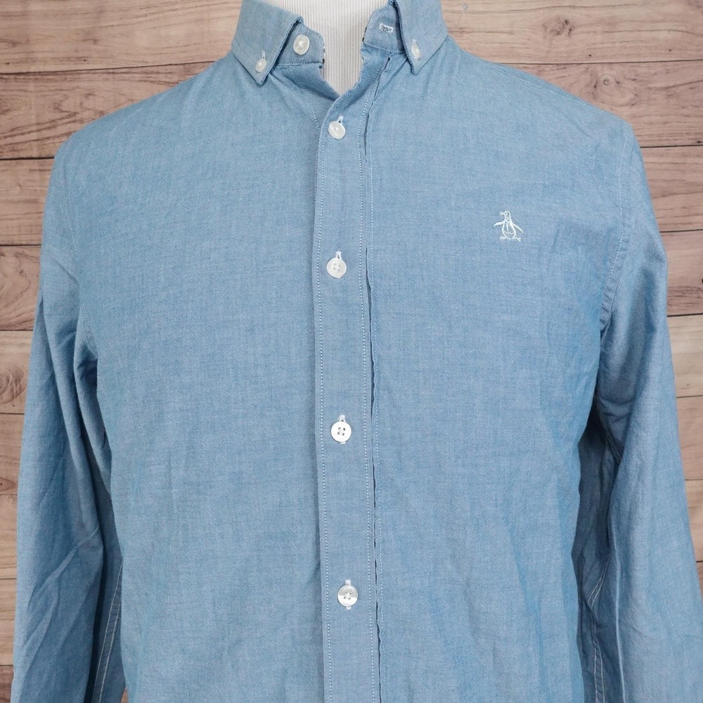 Original Penguin Shirt L Light Blue Chambray Button-Up Heritage Slim‎ Fit